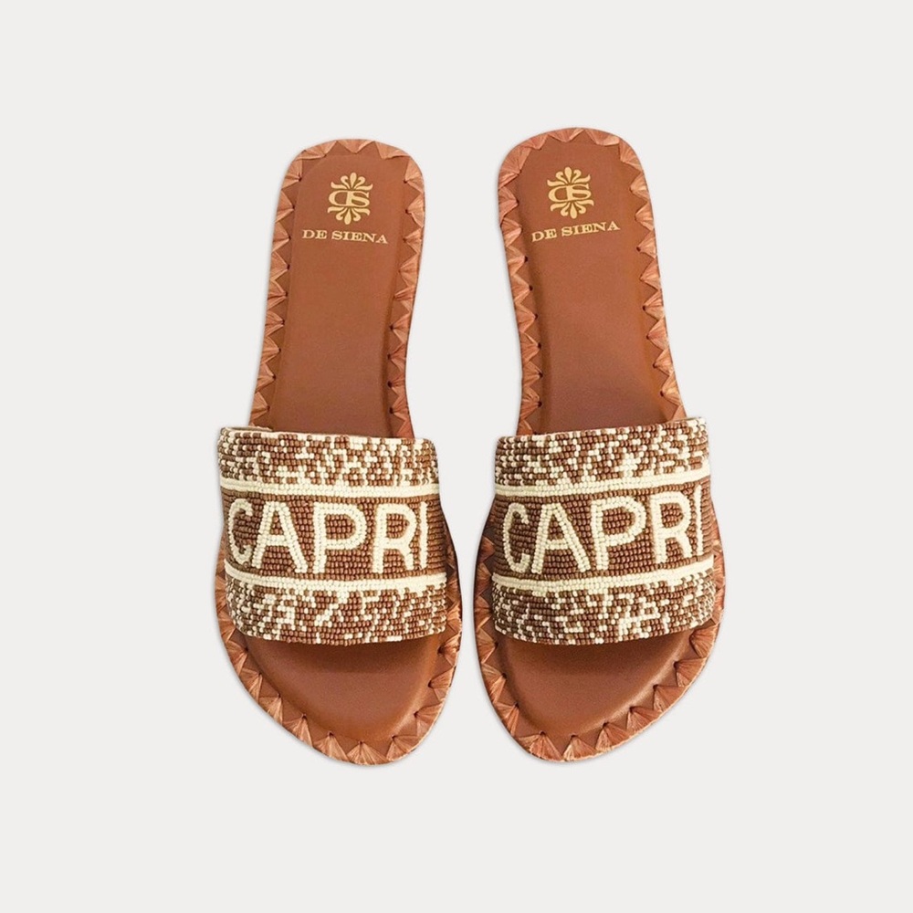 New! DE SIENA CAPRI Beaded Leather Sandals in Tobacco Size 38